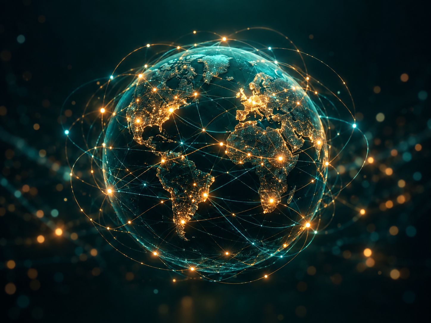 Global network of interconnected glowing nodes