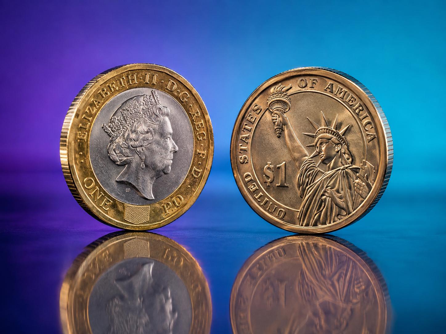 British pound coin and a us dollar coin facing each other on a reflective surface