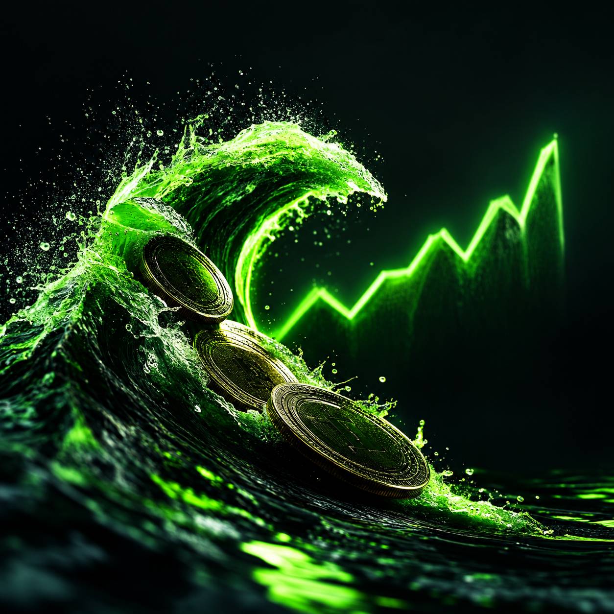 Coins surfing on a huge wave shaped like a price chart