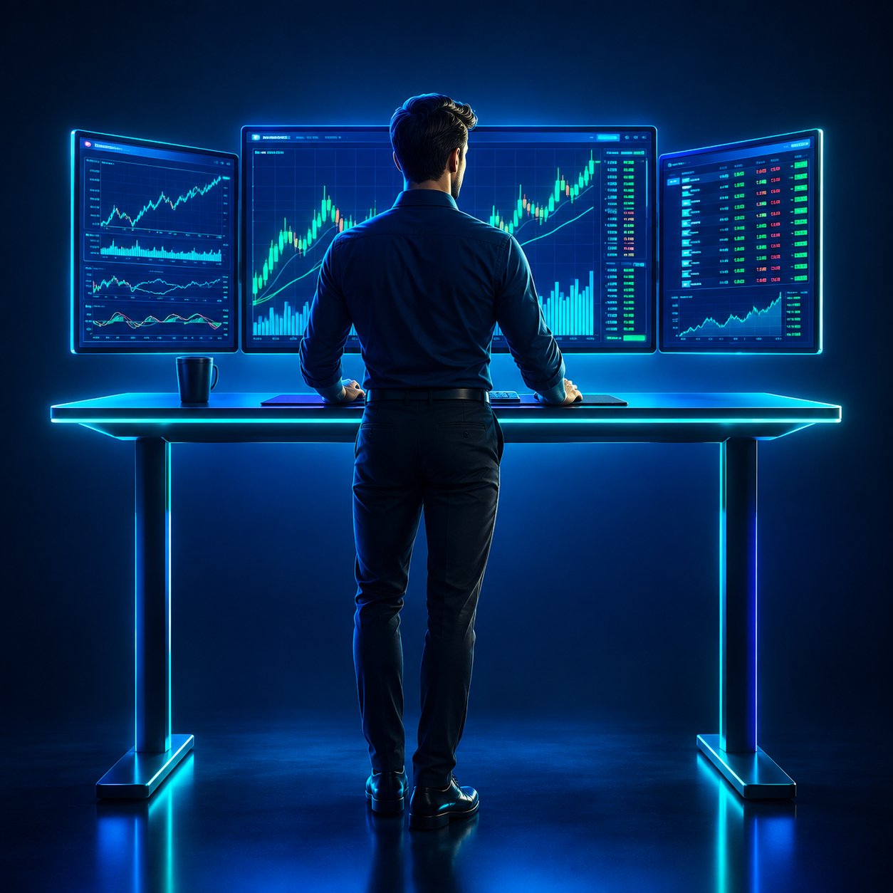 Investor at a standing desk watching fast moving intraday stock charts