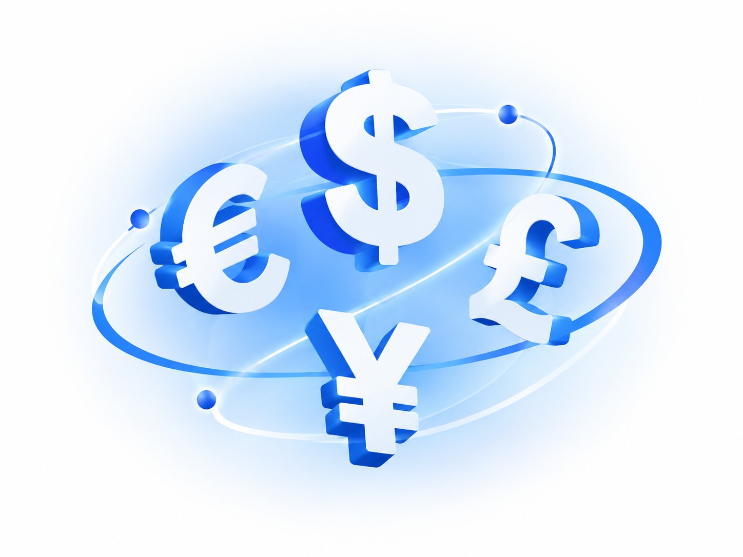 Floating 3d currency symbols of the dollar euro pound and yen orbiting each other