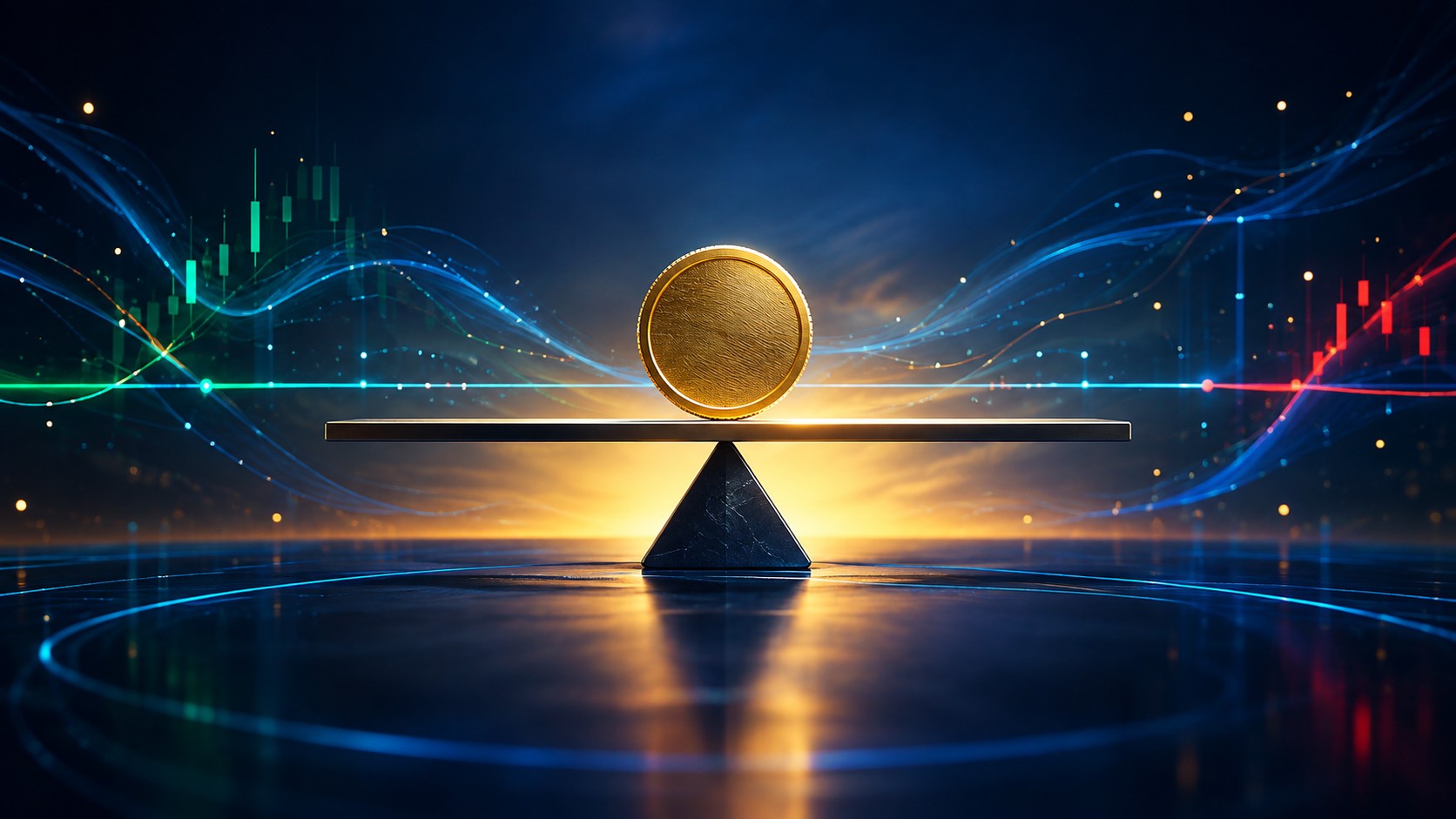 Coin resting perfectly level on a balance beam with a flat price line