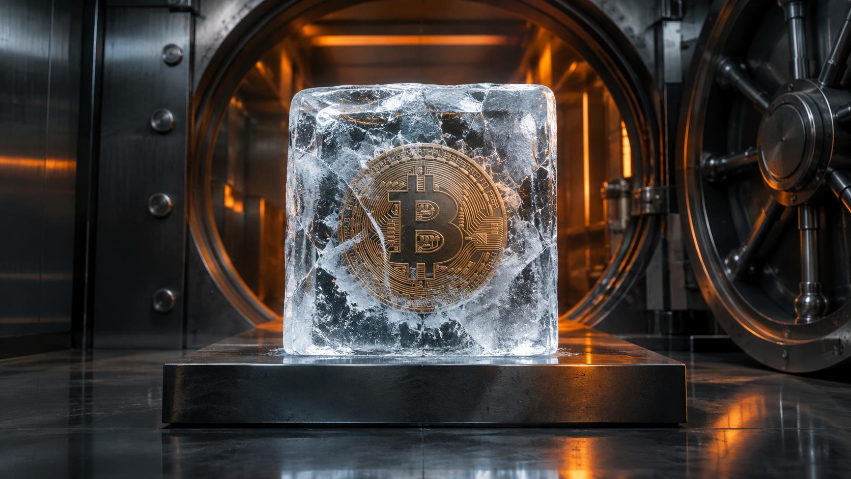 Frozen ice block encasing a crypto coin in a secure vault